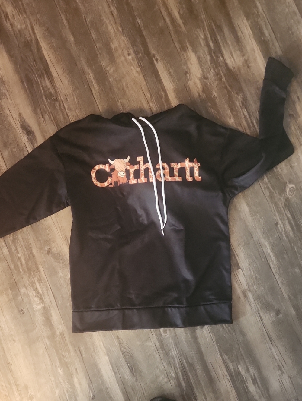 Carhartt Black Hoodie with Tan Logo and White Drawstrings